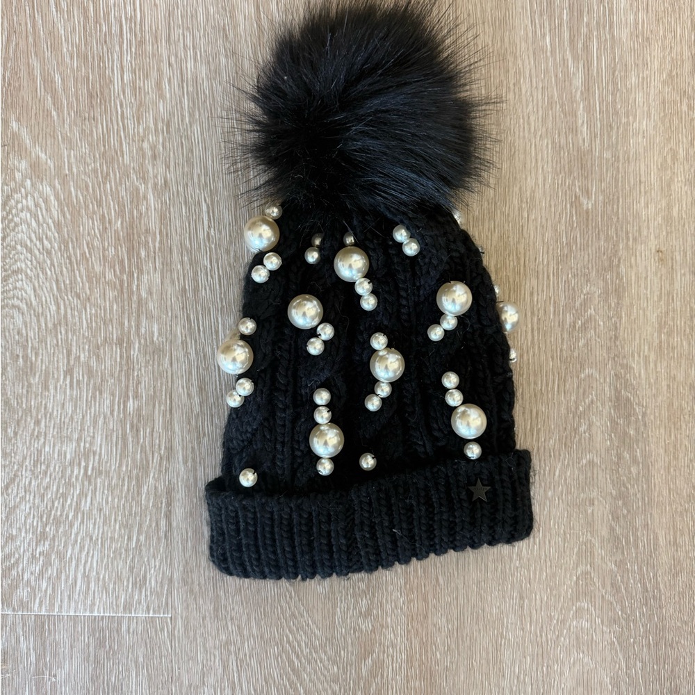 Black Knit Beanie with Faux Pearls
